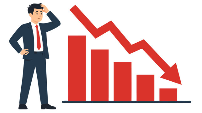 Worried businessman in suit scratching head standing beside declining bar chart with downward trending arrow symbolizing business loss, financial crisis and stock market crash on white background