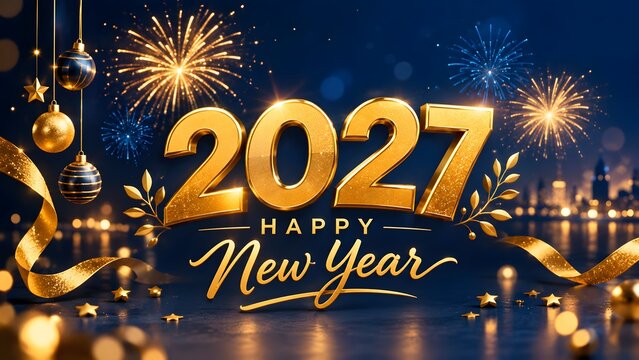 Elegant Golden 2027 Happy New Year Greeting Card with Fireworks and Festive Decorations