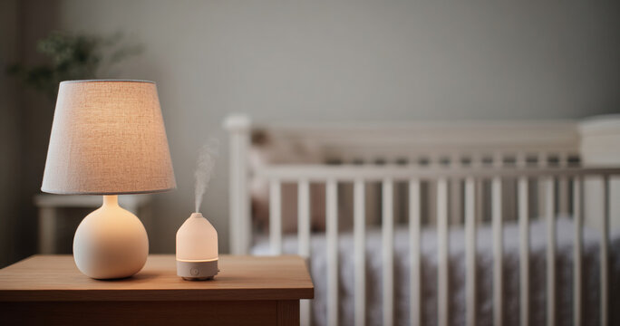 Softly lit nursery lamp and diffuser