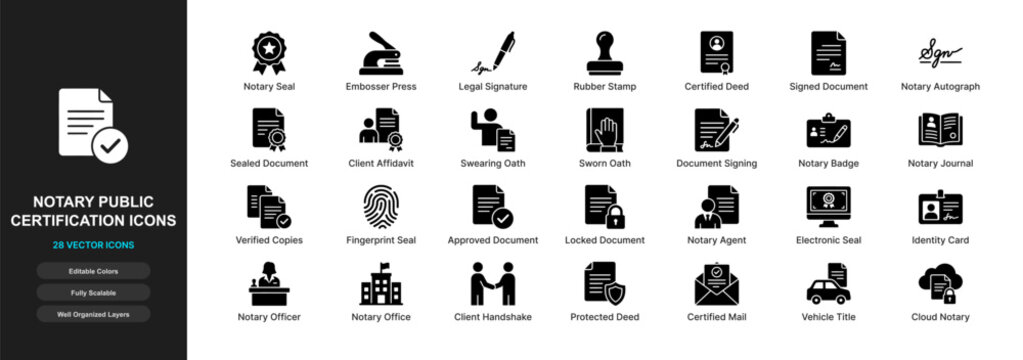Notary Public Certification Icon Set Flat Vector Legal Stamp Seal Certified Deed Document Signature Law