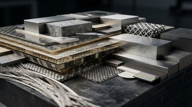 Composite material sheets and industrial metal samples in a macro view