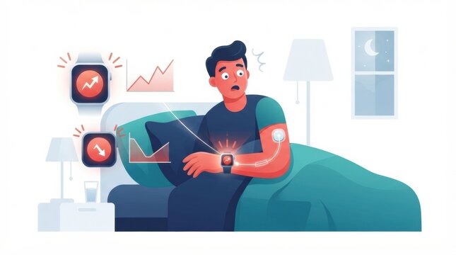 A person is tracking blood glucose levels with a device on their arm while sitting in bed at night. Graphs and alerts show diabetes data.
