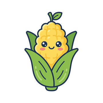 Cute cartoon corn character with a smiling face and green husks