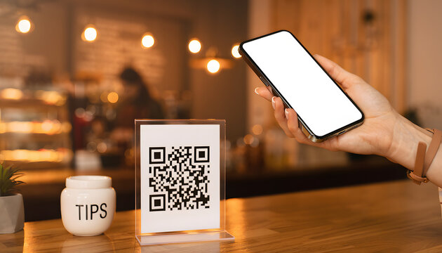 Customer hand holding mobile phone with blank white screen scanning QR code for contactless payment and digital menu in cafe shop