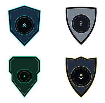 Set of modern shield icons with digital symbols and glowing borders for video game ui isolated on transparent background