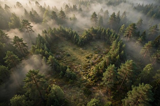 Natural heart-shaped clearing in a pine forest seen from above in soft fog