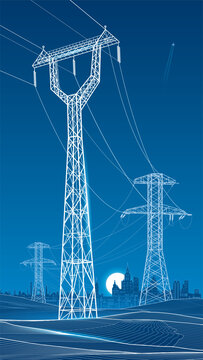 High voltage power transmission towers with overhead electricity lines, distant city skyline and landscape. Modern electric grid and energy infrastructure concept in blue line style.