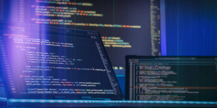 Monitor closeup of function source code. Abstract IT technology background. Software source code.