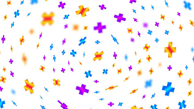 Vibrant colorful plus signs floating in abstract white spiral