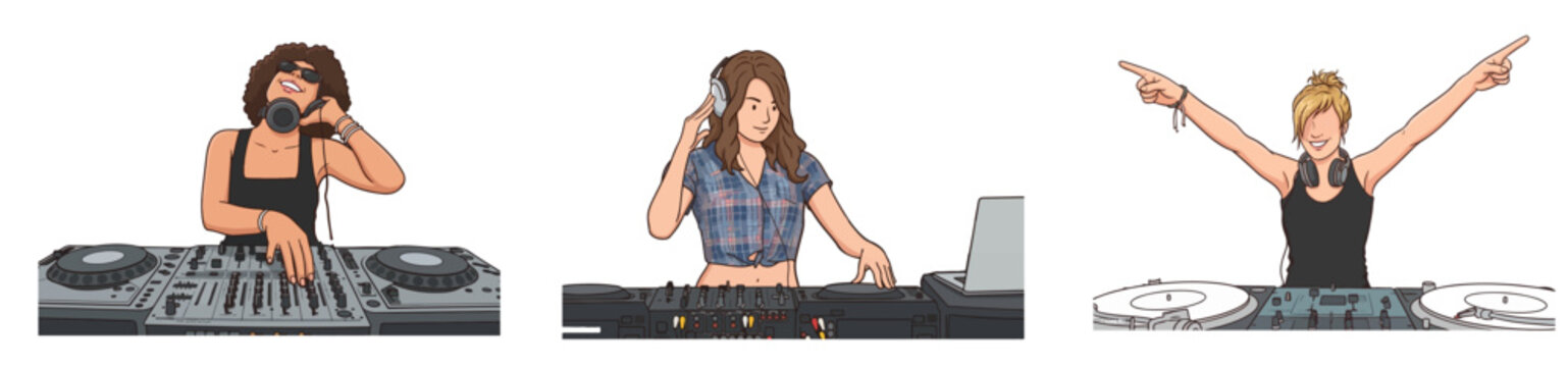 Female DJ Mixing Music on Turntables Console Headphones Laptop Nightclub Party Set Vector Illustration Isolated on White Background
