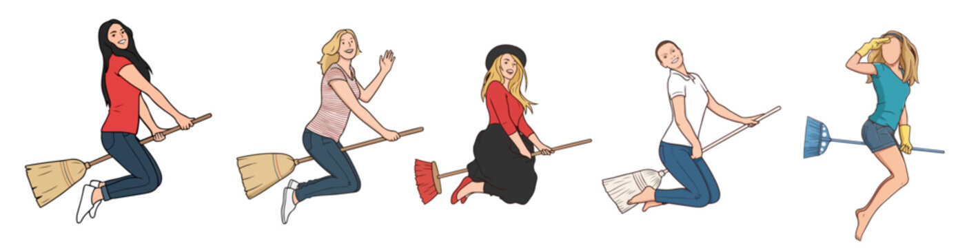 Modern Women Riding Broomstick and Cleaning Mop Funny Flying Witch Concept Set Vector Illustration Isolated on White Background