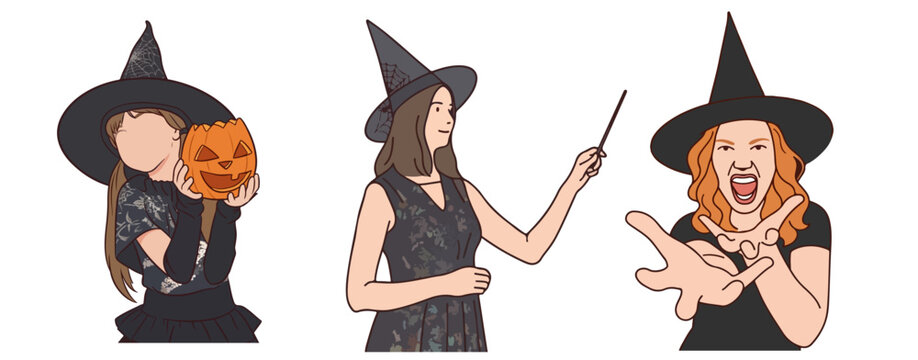 Halloween Witch Set Holding Jack-o-Lantern Pumpkin Casting Spell with Magic Wand and Screaming Gesture Vector Illustration Isolated on White Background