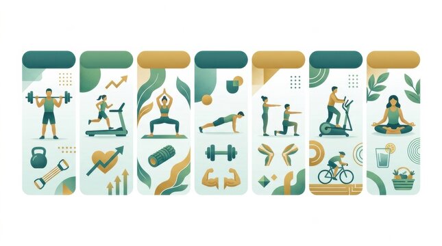This visual outlines various fitness activities, emphasizing weight loss, workout plans, and healthy living, integrating healthy diet elements.