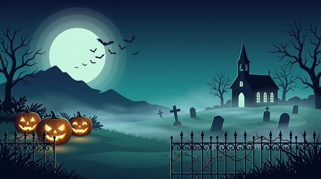 Spooky halloween night background featuring a haunted church graveyard and glowing jack o lanterns in creative digital art vectors