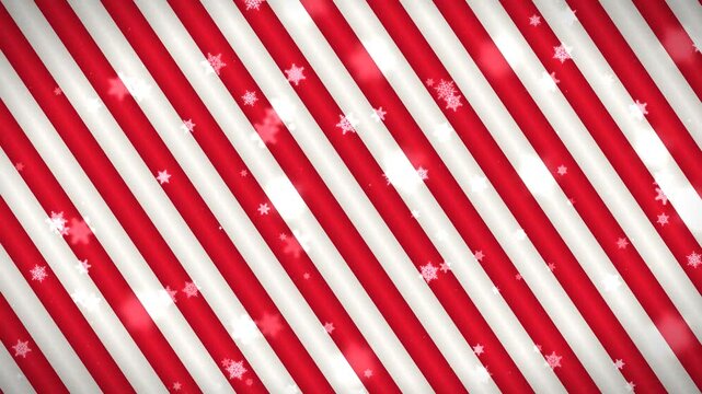 Festive red and white diagonal stripes with falling snowflakes and bokeh lights for a Christmas or holiday background