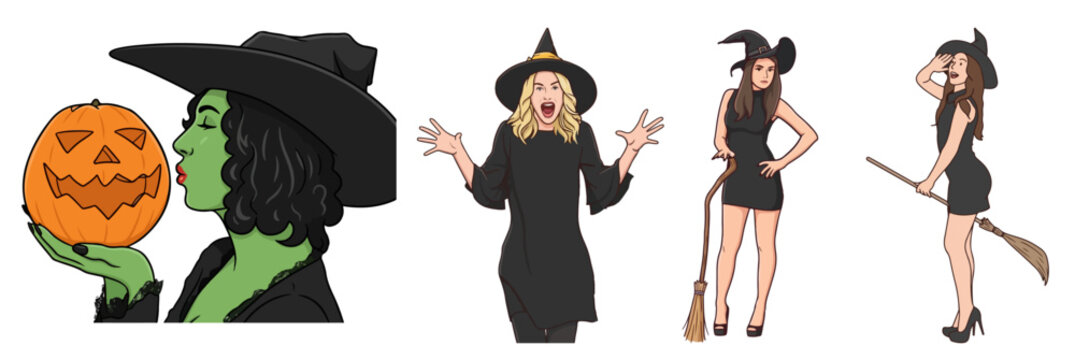 Halloween Witch Characters Kissing Jack-o-Lantern Pumpkin Spellcasting and Riding Broomstick Set Vector Illustration Isolated on White Background