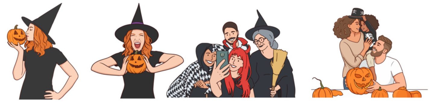 Untitled-1Halloween Costume Party Concept Witch with Jack-o-Lantern Pumpkin Friends Selfie and Family Carving Set Vector Illustration Isolated on White Background