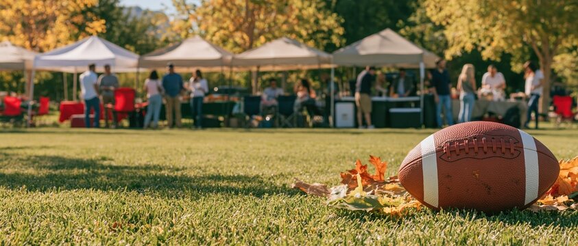 American football resting on textured grass with fallen leaves during an autumn tailgate event, with copy space for fall sports