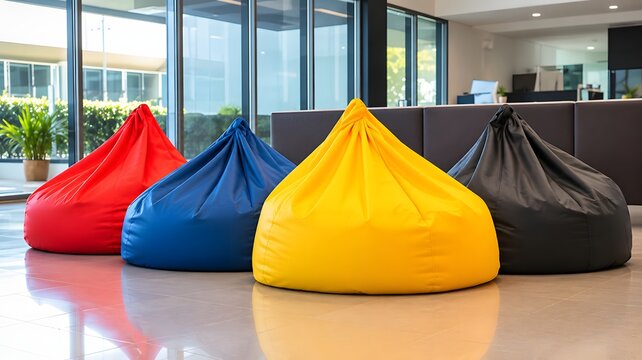 Colorful bean bags in modern office setting