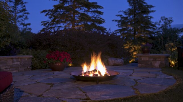 Stone patio with a glowing circular fire pit in a landscaped garden, featuring rugged textures for backyard design and outdoor living