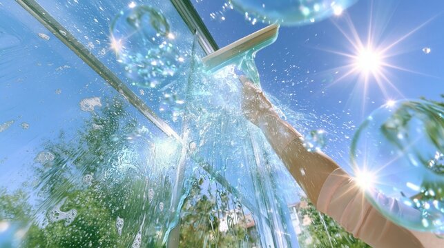 Window cleaning with a squeegee wiping soapy water from a glass pane, featuring bright daylight and glossy bubbles for cleaning services