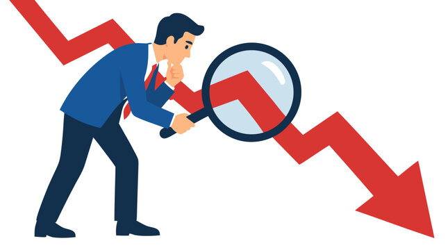 Thoughtful businessman with magnifying glass closely inspecting declining red downward trend arrow graph symbolizing financial loss, market crash and business analysis on white background