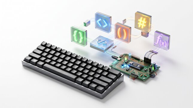 Software programming concept with mechanical keyboard and glowing code icon cubes, developer workstation hardware on white background