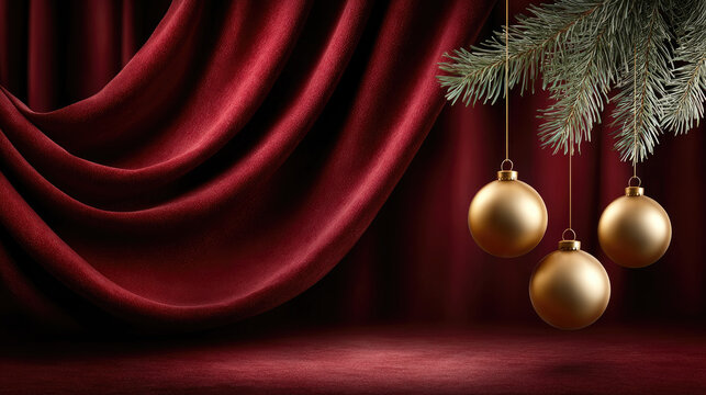 Golden christmas baubles dangling from lush evergreen pine against deep red velvet drapery, textured background and ample copy space for elegant holiday greeting or seasonal design