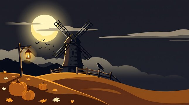 A spooky halloween landscape featuring a windmill and pumpkin patch under a full moon in creative digital art vectors