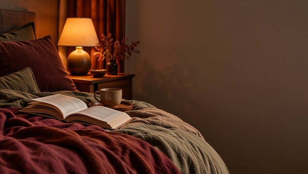 Open book and coffee cup on a bed with rich textiles and warm ambient lighting, suggesting a relaxing morning or evening routine, ideal for a quiet moment of reading before sleep or upon waking
