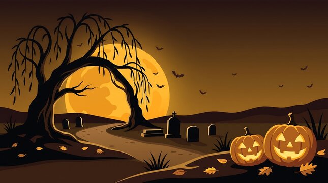 Spooky halloween night landscape featuring glowing jack o lanterns and a full moon in these detailed artistic digital vectors