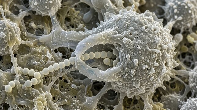 Macrophage phagocytosis engulfing streptococcus bacteria chain, leukocyte pseudopod membrane capturing pathogen, innate immune defense destroying bacterial infection.