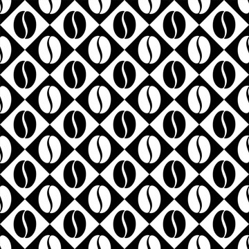 Coffee pattern. Seamless pattern coffee beans. Repeated black bean isolated on white background. Repeating seed for cafe. Abstract grain texture. Grains patern for design prints. Vector illustration