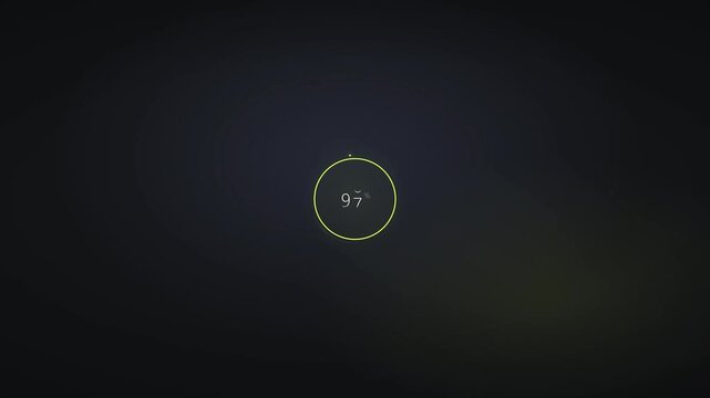 Minimal dark UI circular loading progress bar animation showing neon lime ring with digital percent counter from zero to hundred on dark backdrop for modern app screen wireframe mockup