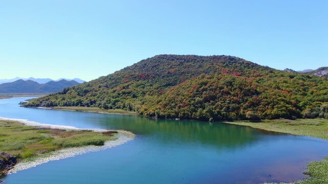 Breathtaking cinematic drone footage flying over the vast pristine waters and lush green mountain shores of Lake Skadar National Park in Montenegro