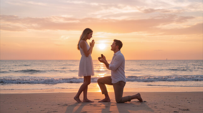 Man proposing to woman on tropical beach at sunset. Romantic marriage proposal during golden hour by the ocean.