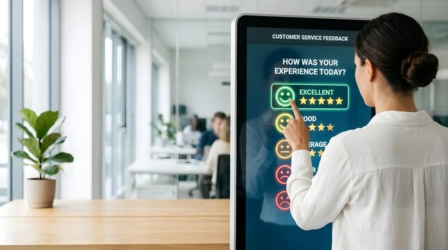 Customer interacts with digital kiosk providing excellent customer service feedback
