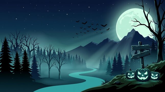 Spooky halloween landscape featuring glowing jack o lanterns and a full moon in these detailed dark night art vectors