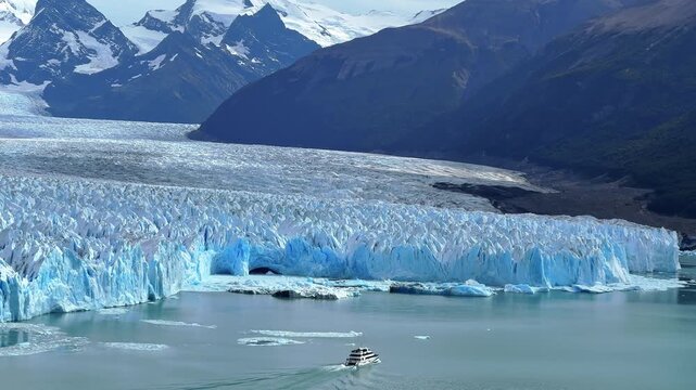 Aerial view of a boat sailing on turquoise water near the massive Perito Moreno Glacier in Patagonia, Argentina, with snow capped mountains in the background