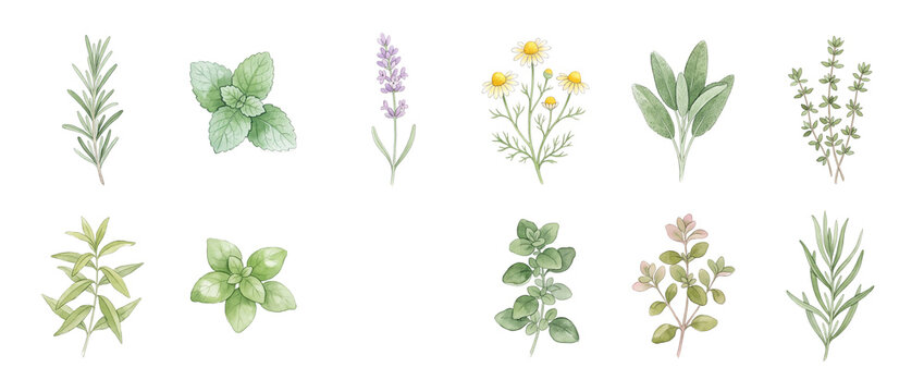 Watercolor culinary herbs botanical illustration set isolated on black background featuring mint rosemary lavender chamomile sage thyme for cooking natural medicine organic wellness graphic design art