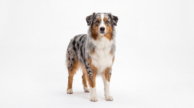 Full body portrait of a beautiful blue merle Australian Shepherd standing and looking at the camera against a white background. Isolated studio shot of a purebred Aussie shepherd dog