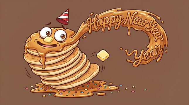 Happy New Year funny pancake stack cartoon illustration with melting butter and colorful confetti