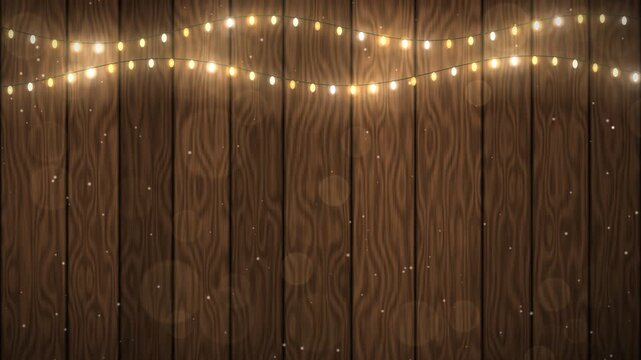 Warm glowing string lights draped over a rustic wooden plank wall with falling bokeh and dust particles