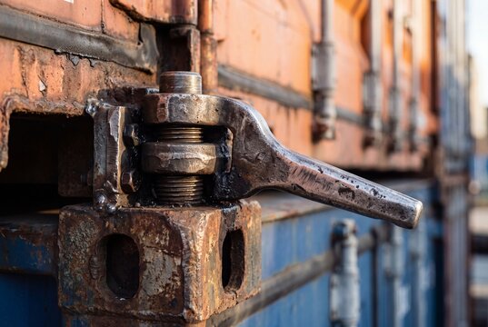 Heavy-duty twist lock mechanism securing stacked shipping containers at an intermodal freight terminal, representing global logistics, maritime transport safety, and supply chain infrastructure