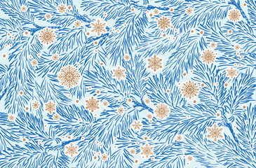 Obraz na płótnie Canvas Winter holidays background with pine branches and snowflakes. Winter card design. 