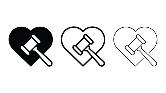 Set of three minimalist gavel-in-heart icons in solid black, bold outline, and thin line styles, representing justice and law with love, on a plain white background, clean flat vector design.
