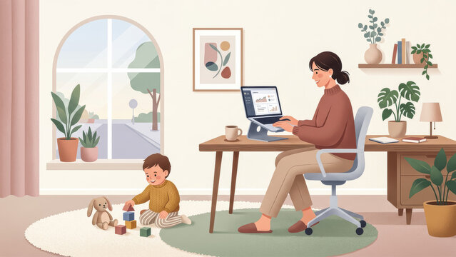 Motherhood and remote work concept. Modern premium flat vector illustration of a stylish mom working on a laptop computer with her child playing nearby.