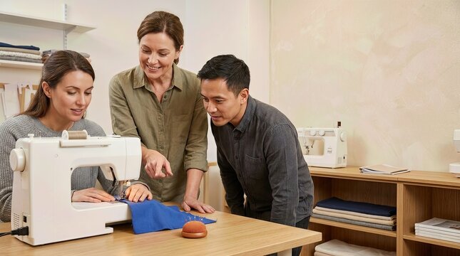 Adults learning to sew with a sewing machine