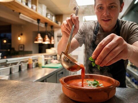 Man Finishing Steaming Tomato Soup with Fresh Herbs