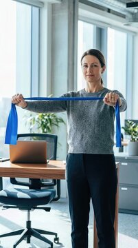 Woman Stretching Resistance Band Beside Office Desk